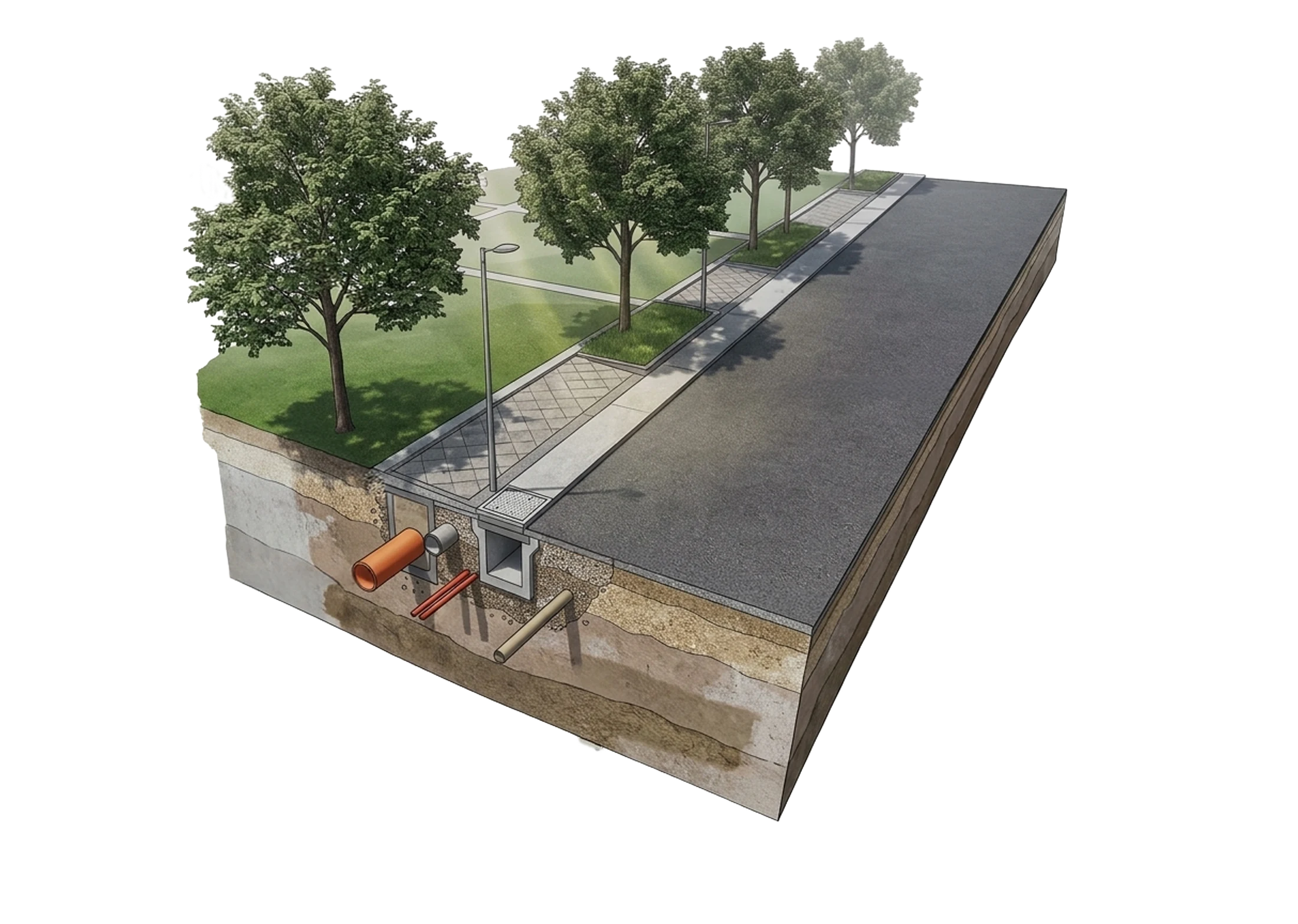 Cutaway illustration of an Auraville street showing services below the road